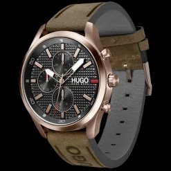Relogio #Chase Aco Dourado Pele Castanha-Hugo Hot