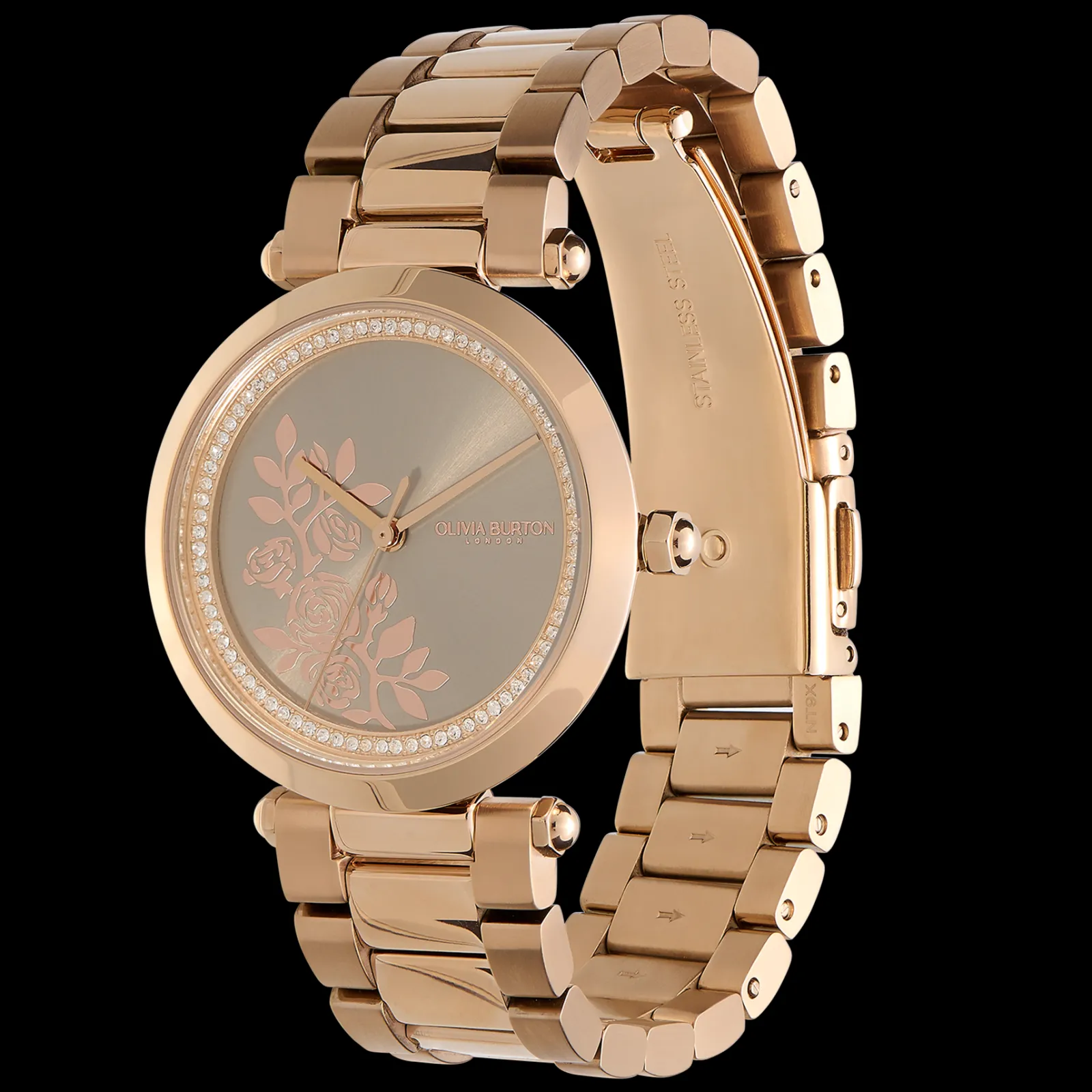 Relogio Floral T-Bar Aco Ip Dou. Rosa E Cristais-Olivia Burton New