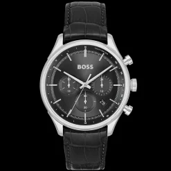 Relogio Gregor Cronografo Preto Aco E Pele Preta-Boss Watches Cheap