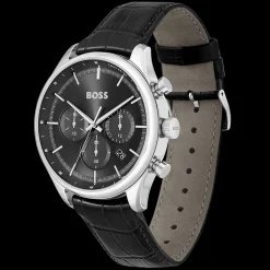 Relogio Gregor Cronografo Preto Aco E Pele Preta-Boss Watches Cheap
