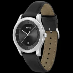 Relogio Purity Preto Aco E Pele Preta-Boss Watches New