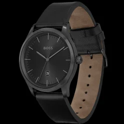 Relogio Reason Aco Ip Preto Pele Preta-Boss Watches Cheap