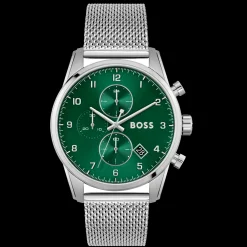 Relogio Skymaster Aco Verde Malha Milanesa-Boss Watches Cheap