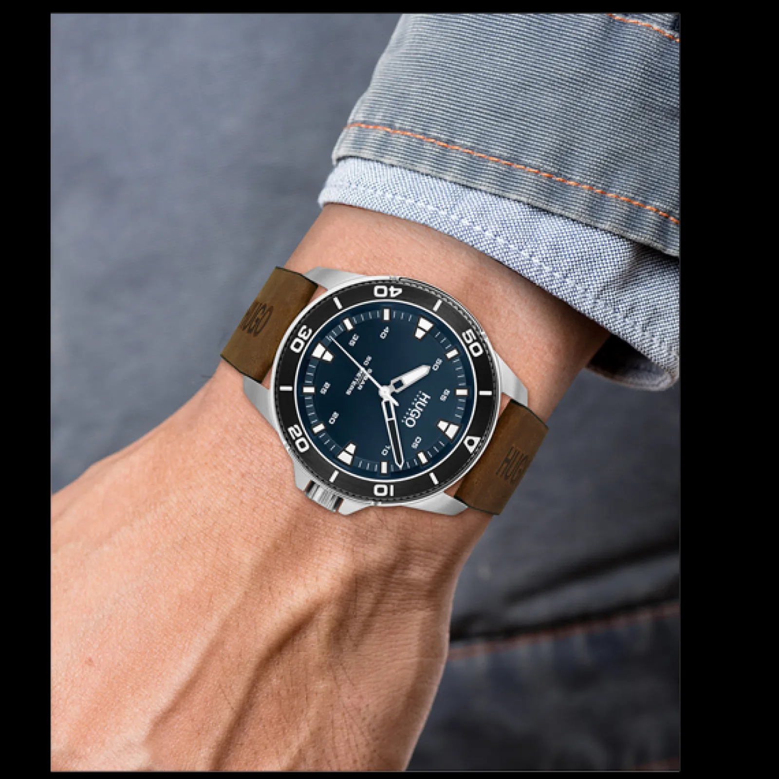 Relogio #Streetdiver Aco Pele Castanha-Hugo Flash Sale