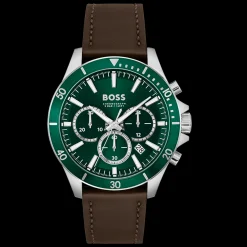 Relogio Troper Cronografo Aco Ip Verde Pele-Boss Watches Cheap