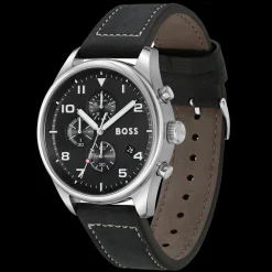 Relogio View Cronografo Aco Preto Pele Preta-Boss Watches Discount