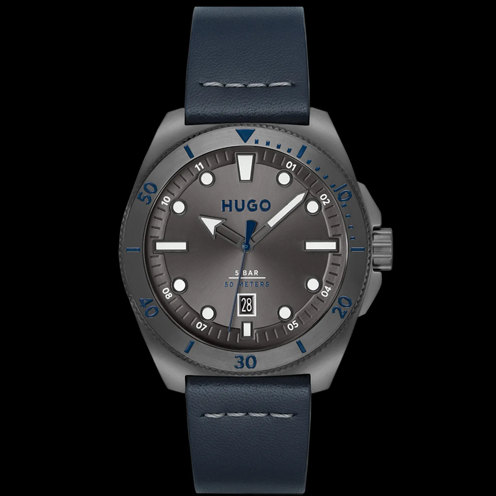 Relogio #Visit Aco Ip Cinzento E Pele Azul-Hugo Flash Sale